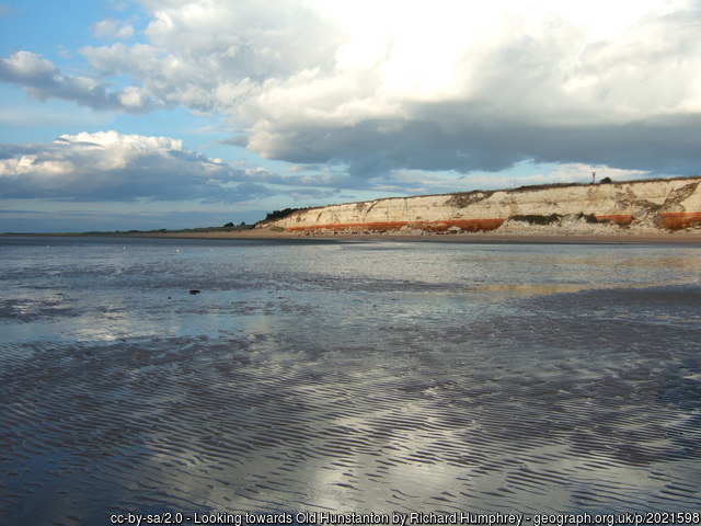 Old Hunstanton Carrstone, Red Chalk and White Chalk Cliff from the sea by Richard Humphrey